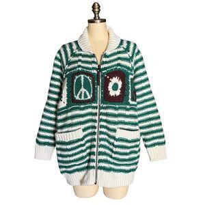 UO BDG Women's Peace Chunky Cardigan Green White Stripe XS Oversized Crochet Zip
